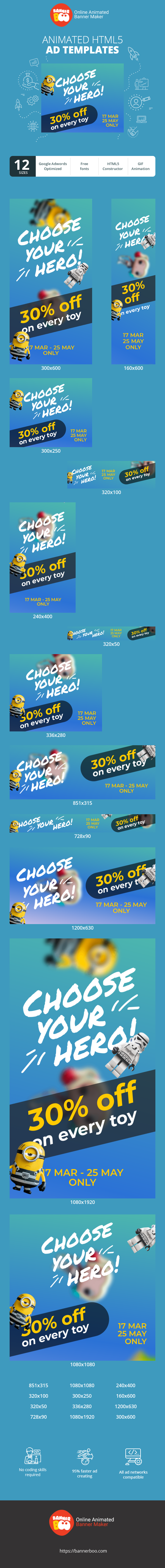 Banner ad template — Choose Your Hero — 30% Off On Every Toy 17 Mar - 25 May Only